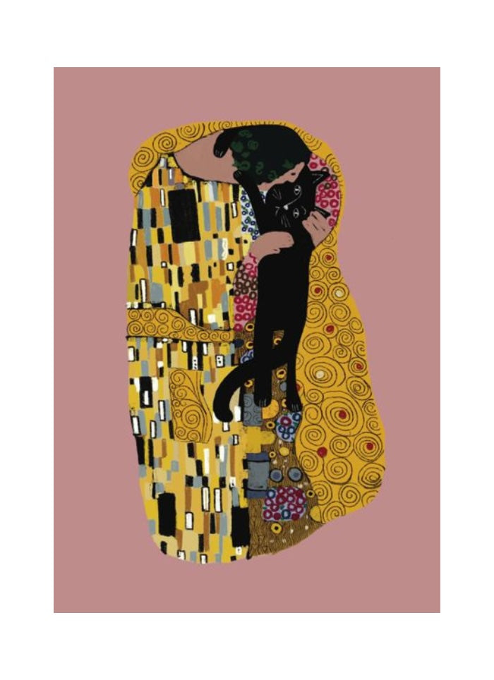 Pink card with a woman in gold kissing a black cat