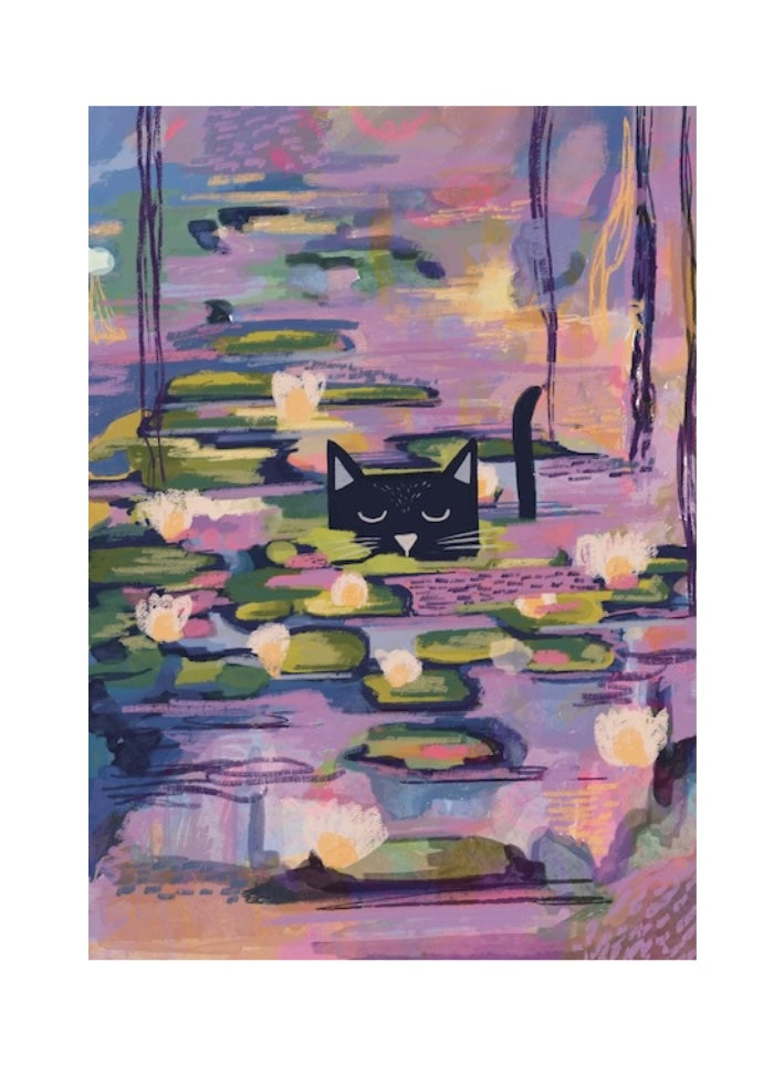 A black cat swimming in a pond covered in pink, purple and green waterlillies