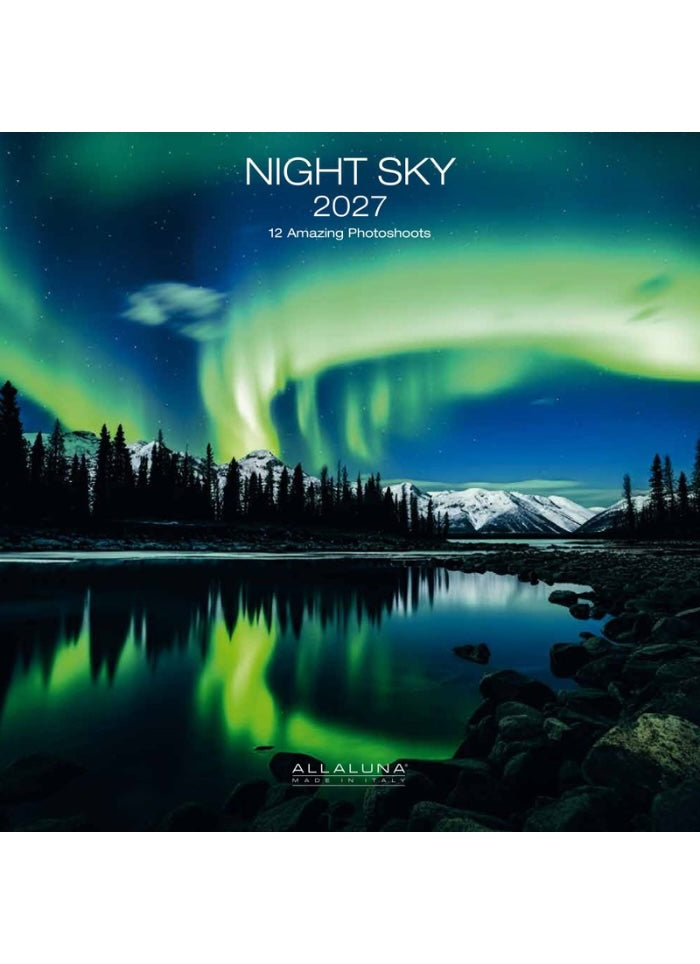 Calendar cover with Northern Lights over a lake and mountains, featuring the brand 'Allaluna'.