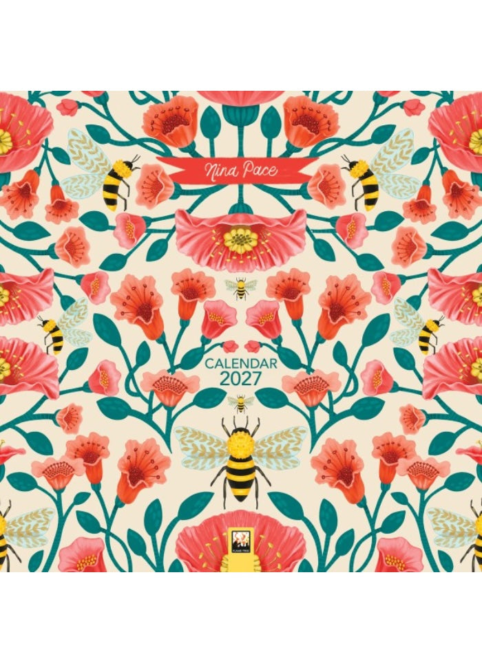 Floral patterned calendar with bees and the brand name 'Tina Pace' on a white background.