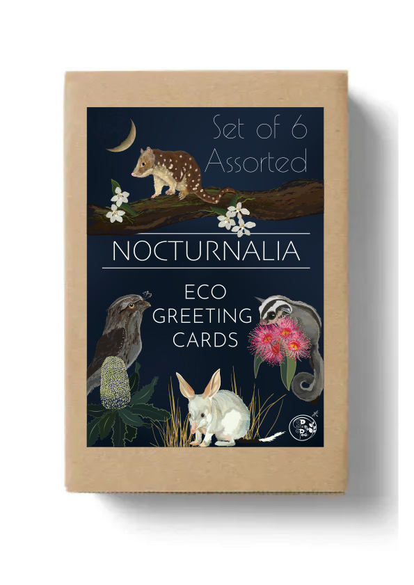 Brown Box with a dark blue label with Australian animals and wildflowers on the front. The Nocturnalia Box Set contains 6 assorted eco greeting cards. 