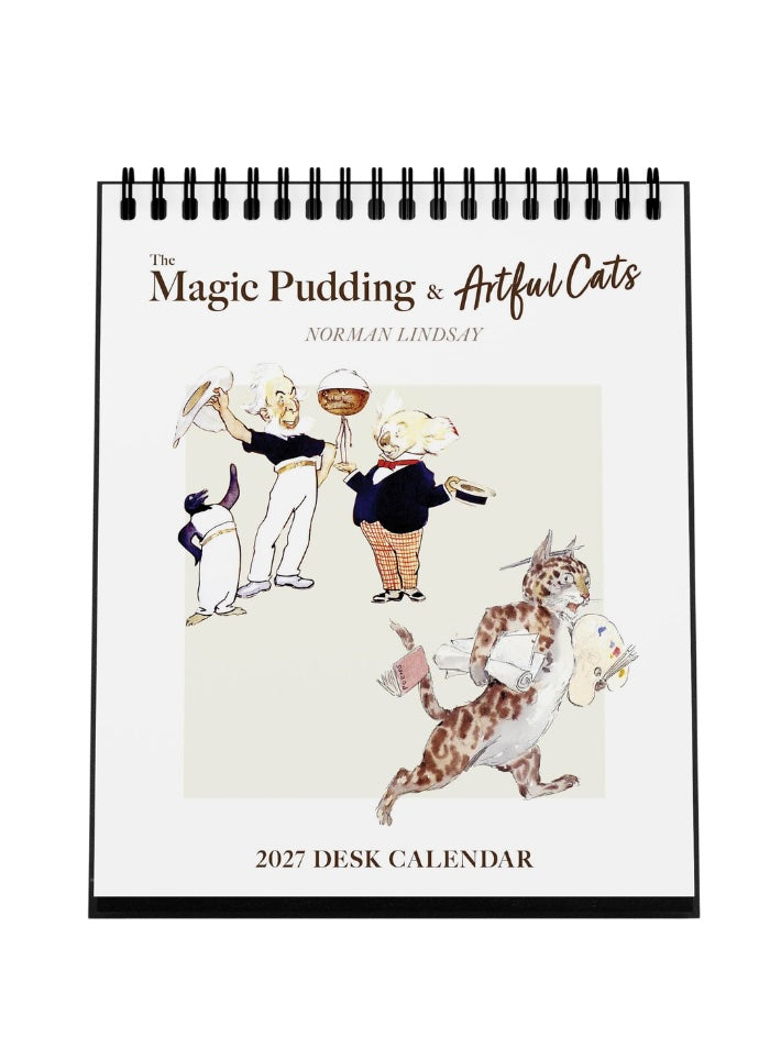 Desk calendar with a picute of a koala, man and penguin and a cat with an easel.