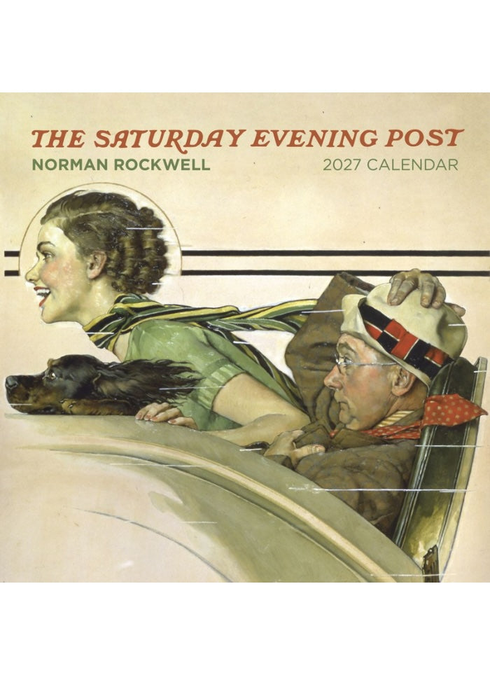 2027 calendar cover featuring a painting of a woman and a man with a dog, titled 'The Saturday Evening Post' by Norman Rockwell.