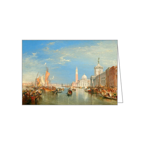 A rectangular card showing a scenic Venice canal with gondolas, historic buildings, and a domed cathedral under a blue sky, photographed against a plain white background.