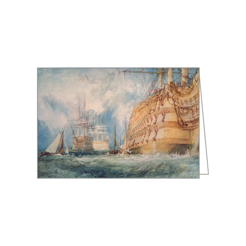 A vertical card featuring a watercolor-style painting of historic sailing ships on the sea, shown against a plain white background.