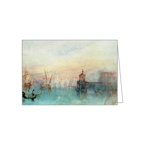 A vertical card featuring a soft, impressionistic watercolor scene of a canal with boats, a small gondola, and a tower, shown against a plain white background.