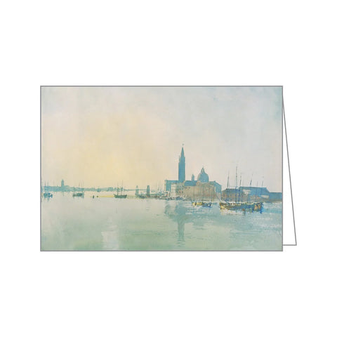 A rectangular art card showing a soft, impressionistic harbor scene with boats on calm water and a skyline with a tall central tower, photographed against a plain white background.
