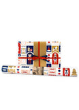 Decorative gift wrap with a pattern of cartoon characters on a white background