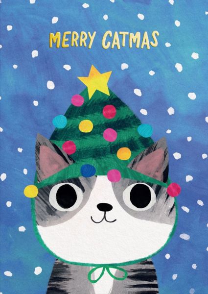 Blue card with a white and grey cat with a Christmas tree hat on.