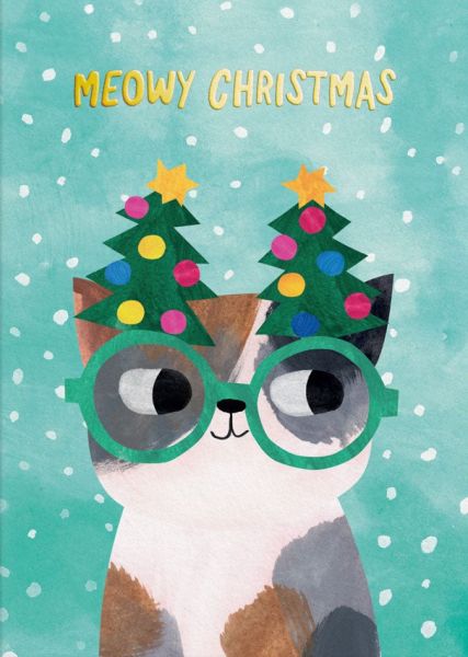 Cat with glasses and christmas trees