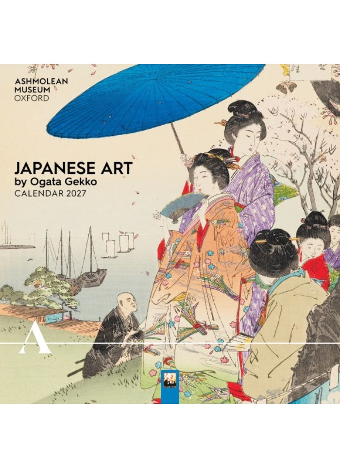 Calendar cover featuring Japanese art with people in traditional attire and a blue umbrella.