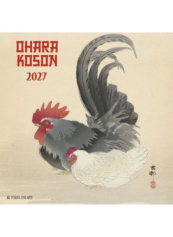 Calendrier 2027 avec illustration de coq et poule par Ohara Koson sur fond beige.