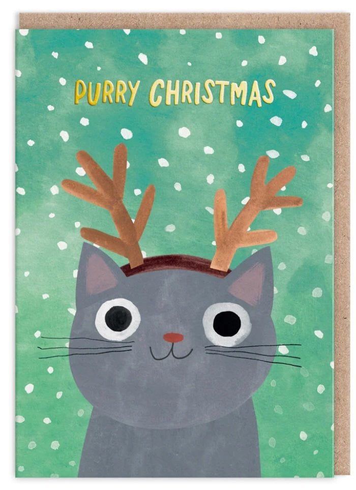 Green Christmas card with reindeer antlers on a grey cat