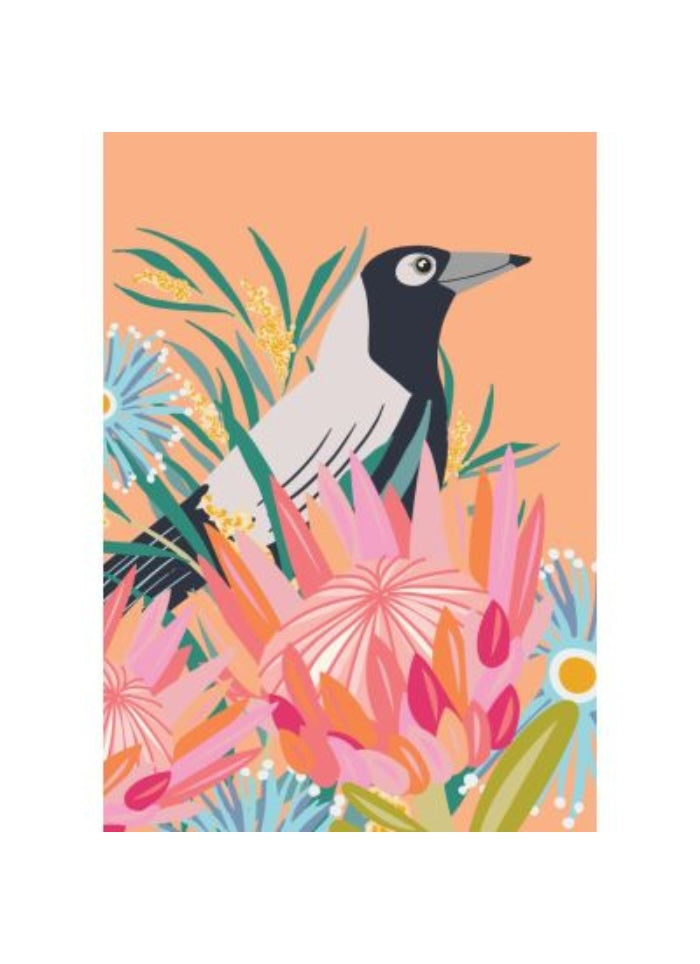 A magpie on an orange background mong pink and green flowers.