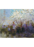 Art Card - Charles Conder's Orchard Scene. An impressionist-style painting of a woman and child standing near a flowering tree by a reflective body of water, rendered in soft blues, purples, whites, and greens.