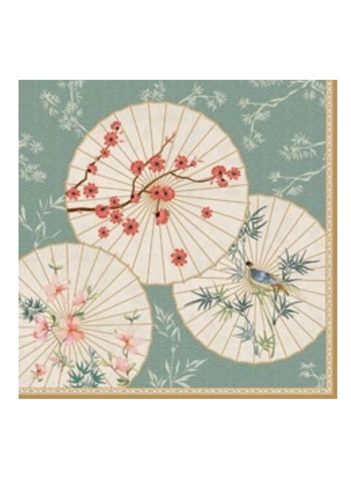 Decorative design with fans and floral elements on a teal background