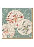 Decorative design with fans and floral elements on a teal background