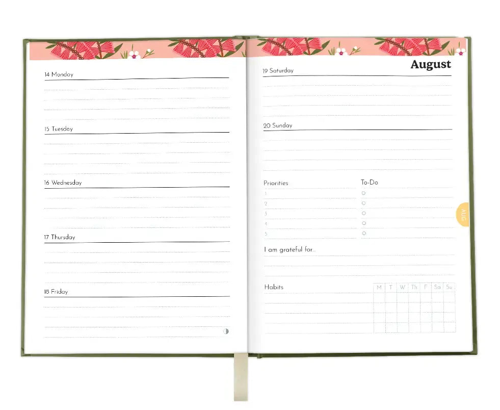Floral-themed planner with a weekly layout for August