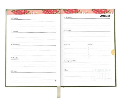 Floral-themed planner with a weekly layout for August