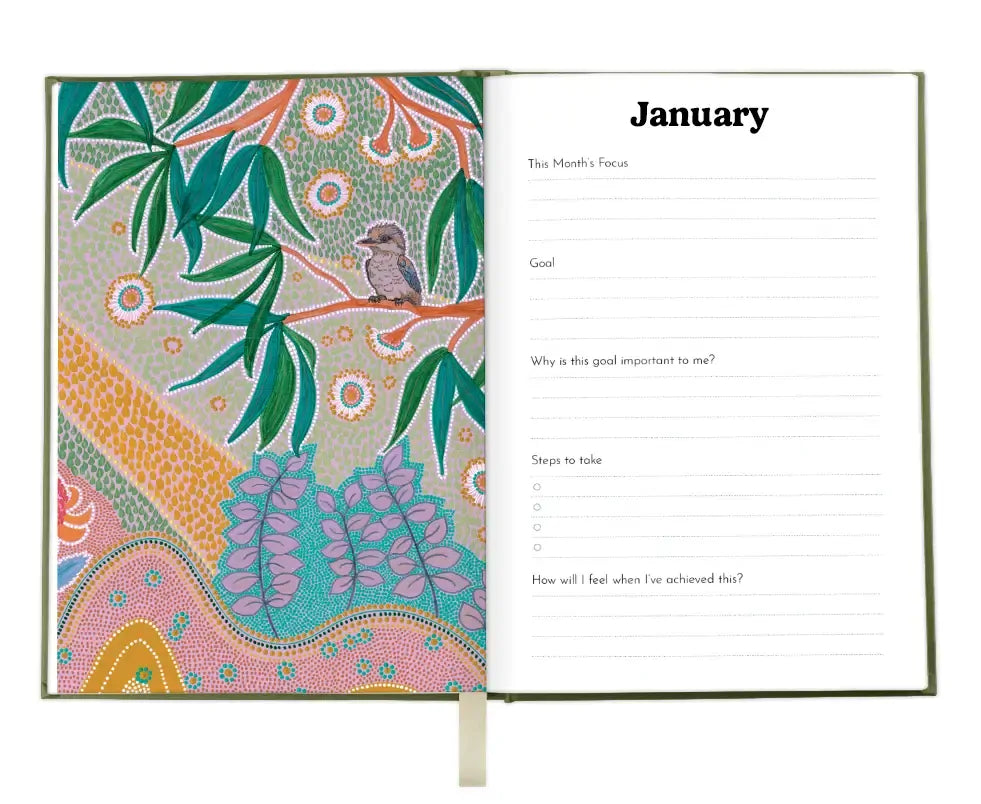 Journal with a colorful design on the left page and a blank page on the right for writing goals.