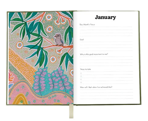 Journal with a colorful design on the left page and a blank page on the right for writing goals.