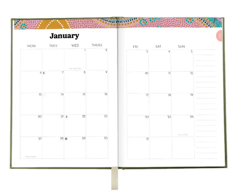 Calendar open to January with decorative top border