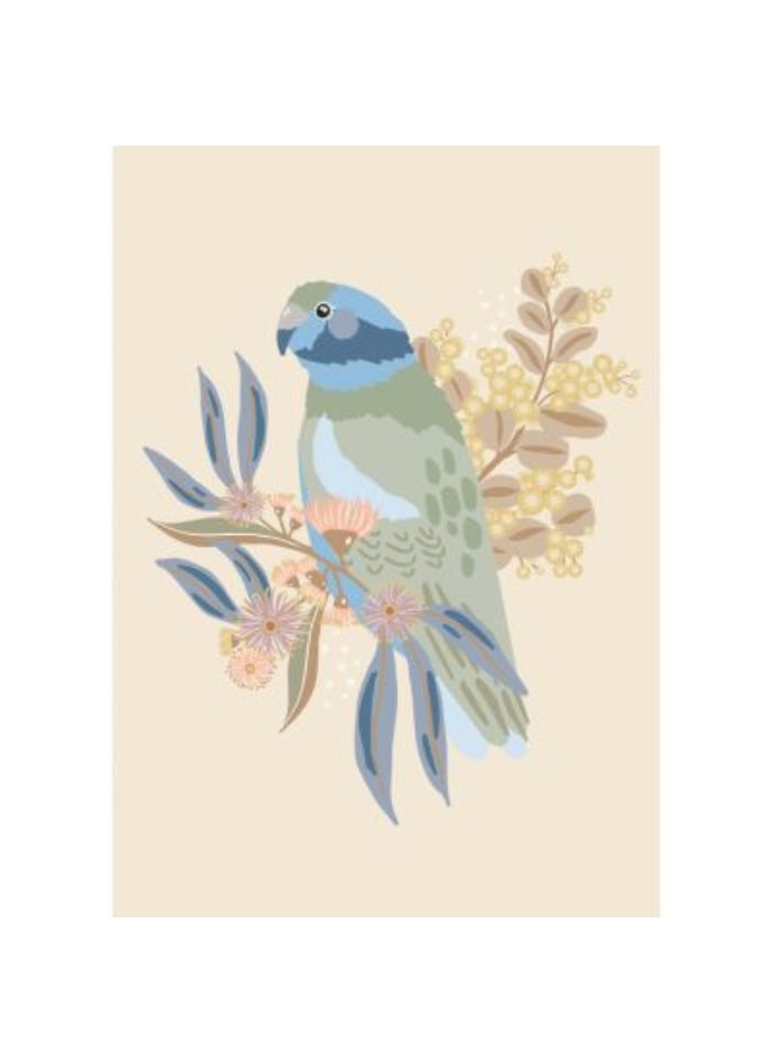 Illustration of a parrot on a branch with leaves and flowers on a beige background