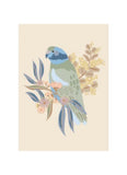 Illustration of a parrot on a branch with leaves and flowers on a beige background