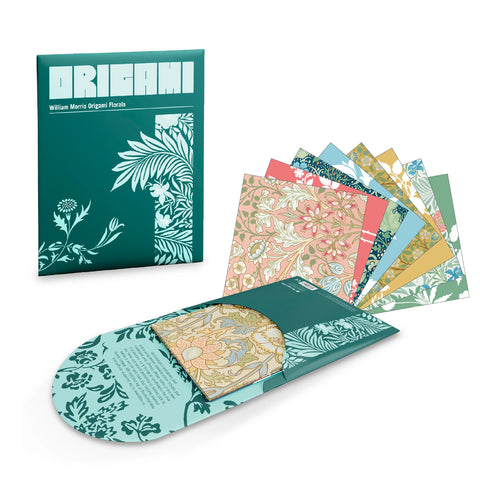 Origami paper set with a green packaging box featuring floral designs on a white background.