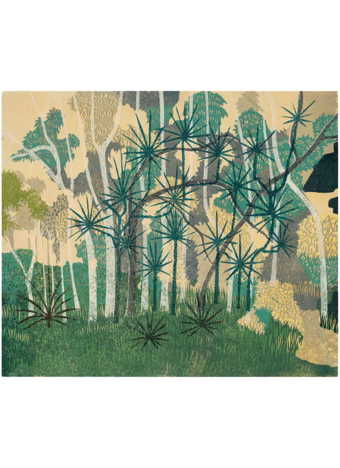 Card with green palm trees in a green  forest. Angela Newberry art card - Palm Forest Kakadu.