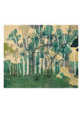 Card with green palm trees in a green  forest.
