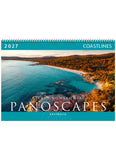 Front page of calendar with photo of a coastline with blue water and scrub.