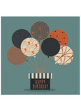Illustration of balloons with a 'Happy Birthday' box on a teal background