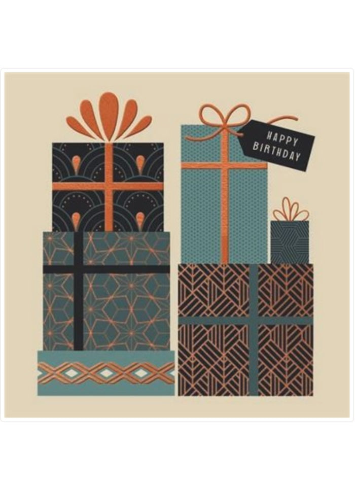 Decorative birthday card with patterned gift boxes and a 'Happy Birthday' tag.