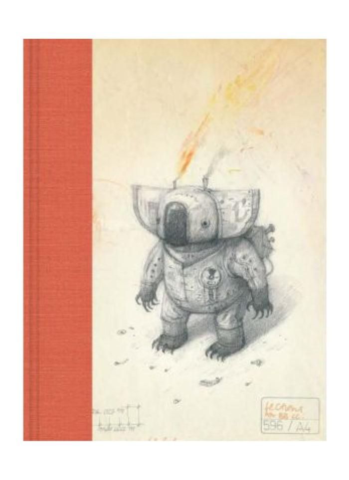 Notebook with a robot koala illustration on a red and beige background
