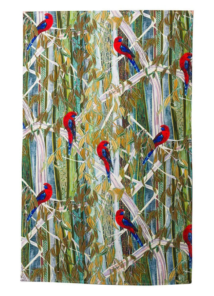 Festive red parrot design on a textured fabric background