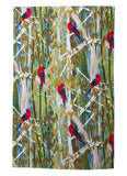 Festive red parrot design on a textured fabric background