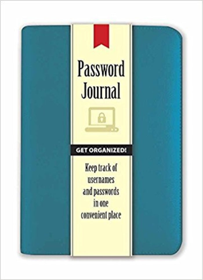 Blue password journal with a yellow label on a white background