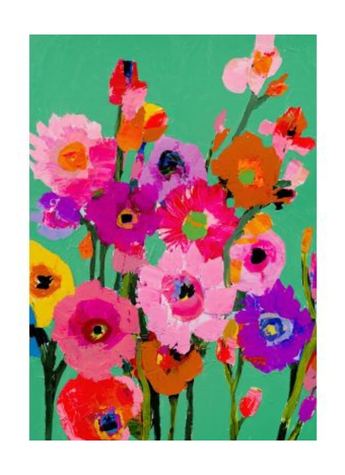 Colorful floral painting on a green background
