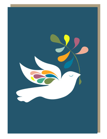 Greeting card with a white dove holding a colorful leaf branch on a blue background