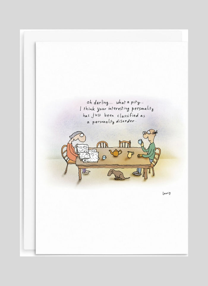 Cartoon of two people at a table with text discussing a personality disorder, framed on a gray background.
