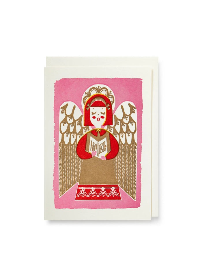 SInging ANgel on a pink background CHristmas card by Arcivist Press