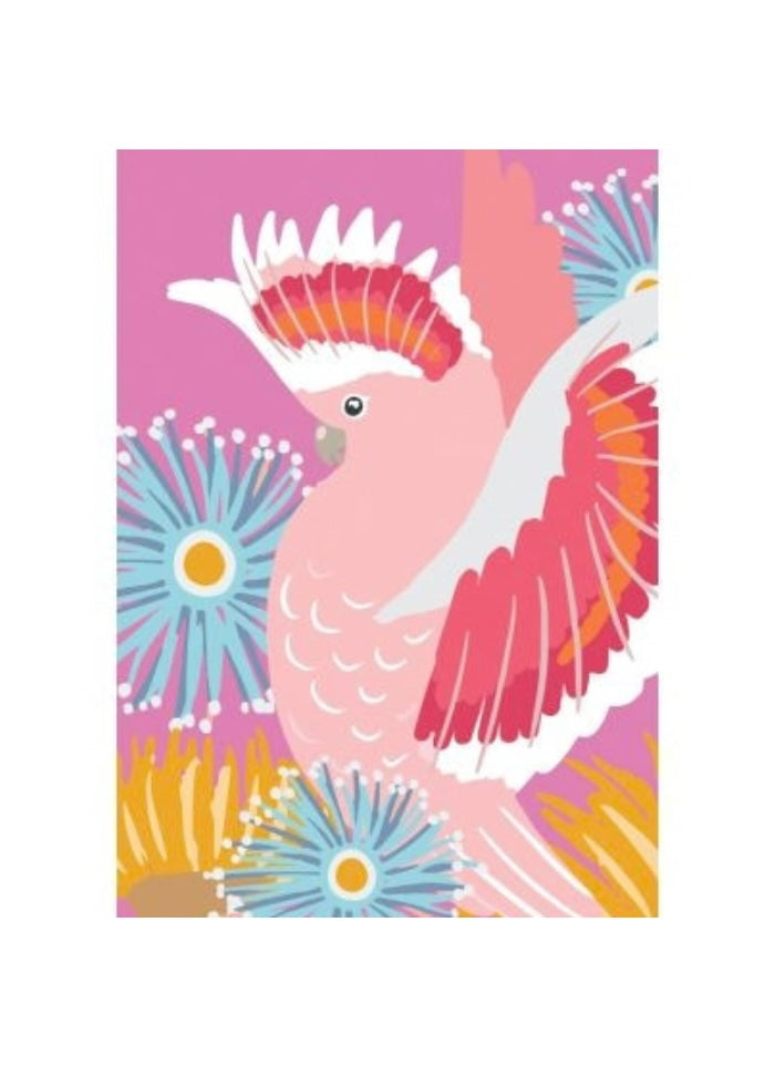 A bright pink and white bird on a pink background with blue and yellow flowers.