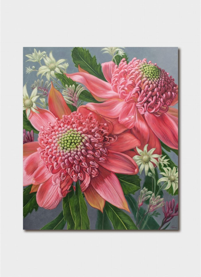 Canvas print of pink flowers with green centers on a gray background
