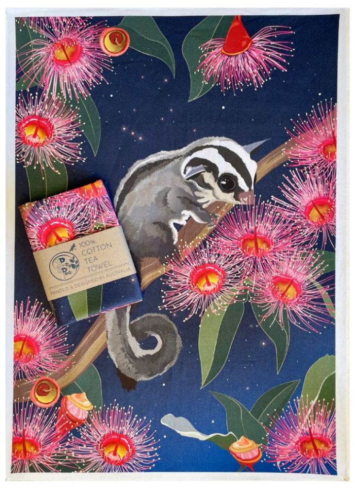 Card with a sugar glider and eucalyptus flowers on a blue background