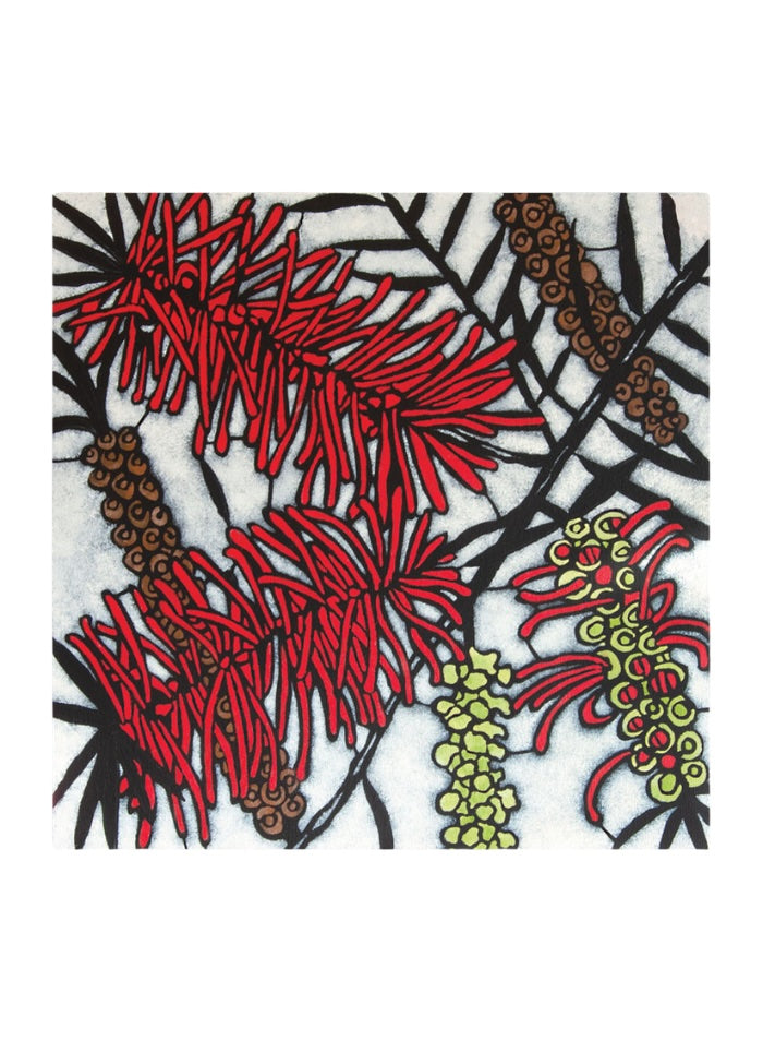 A square textile product, likely a napkin or small scarf, featuring a botanical pattern of red grevillea flowers, brown seed clusters, and green wattle blossoms on a white background with black outlines.