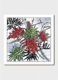 Square card with a red and green plant on a grey and white background.