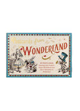 A vintage-style postcard set titled "Postcards from Wonderland" with illustrated characters from Alice in Wonderland, including the Queen of Hearts, the White Rabbit, and the Mad Hatter. The postcards are shown against a plain white background.