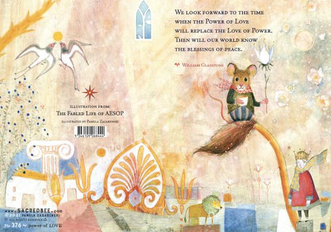 Illustrated book page with a mouse on a broomstick, birds, and decorative elements.