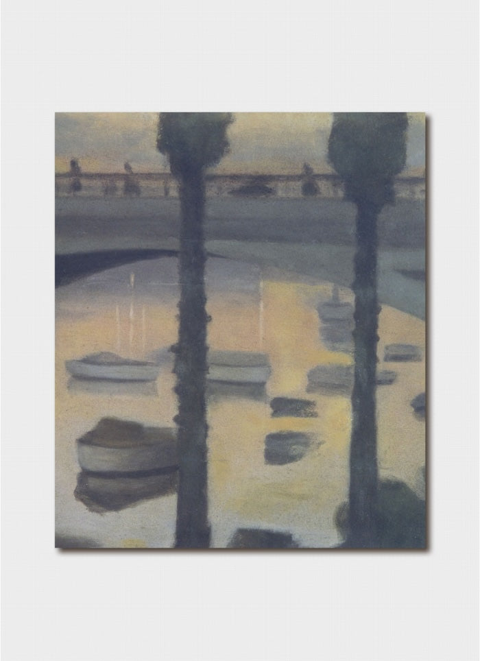 Artistic depiction of a waterfront scene with palm trees and boats.
